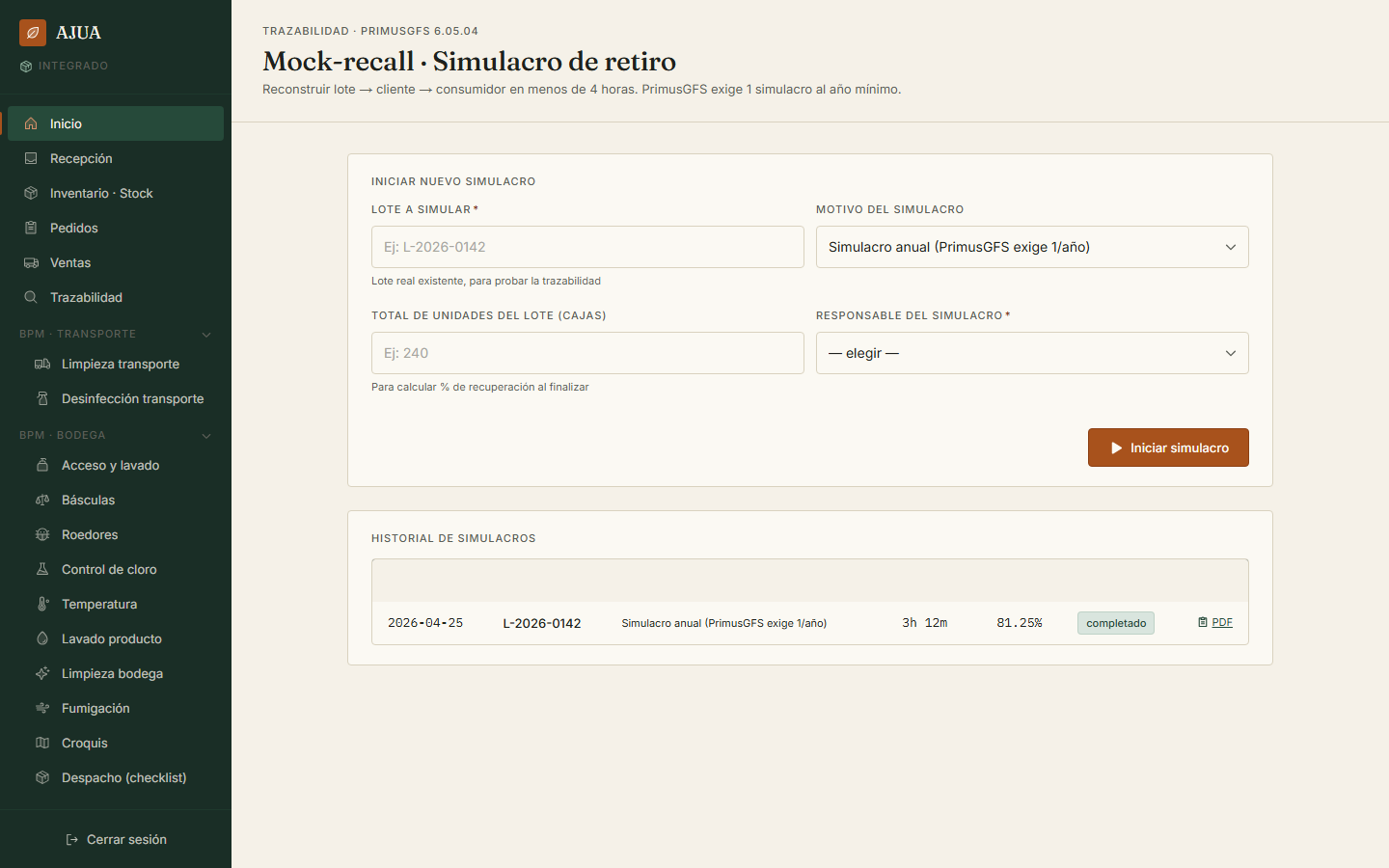 Mock recall trazabilidad